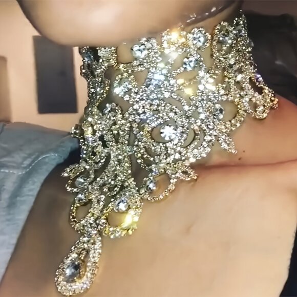 Intricate Silver and Gold Floral Necklace with Crystals - Picture 2 of 3